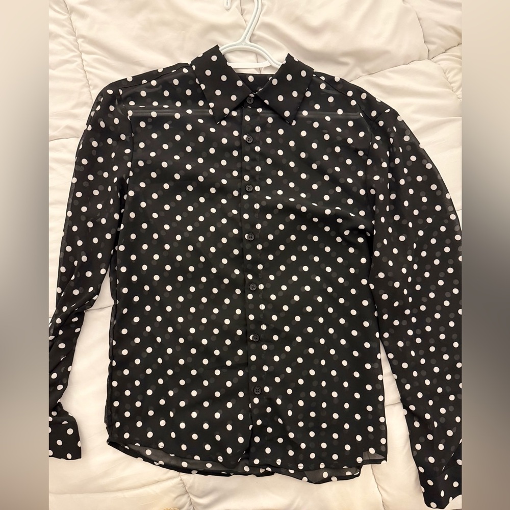 Sheer Black and White Polka Dot Shirt Blouse